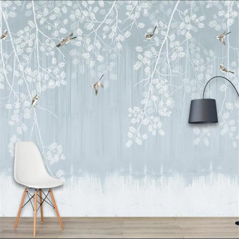 

Milofi customized any size 3D mural wallpaper, high-quality hand-painted leaves and birds background wall, Silk cloth