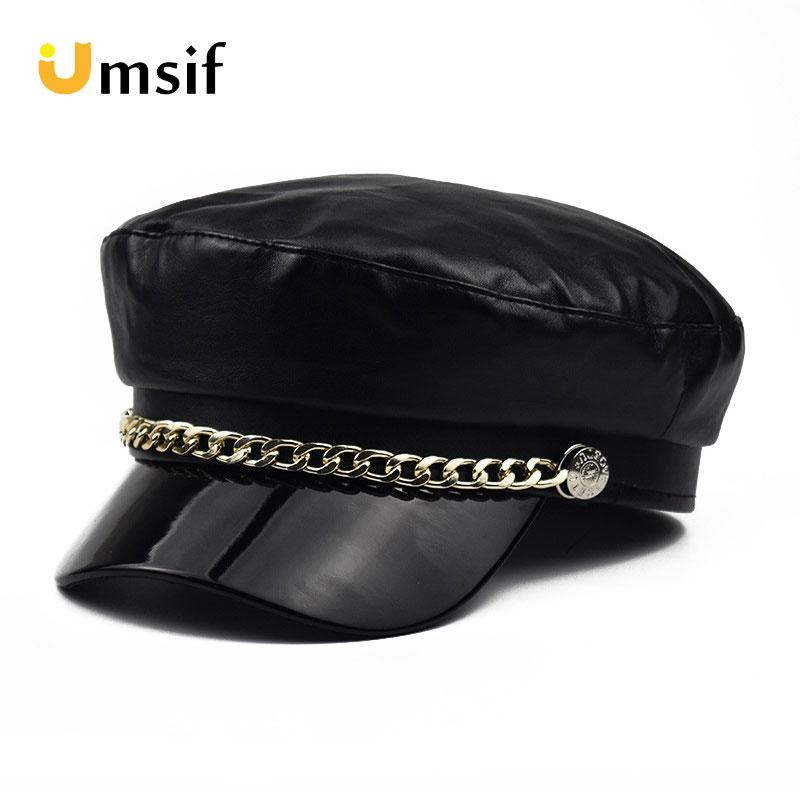 

2020 New Fashion Faux Leather Black Berets Hats For Women Wide Brim Berets With Chain Women's Retro Newsboy Hat Female Caps, Color 01