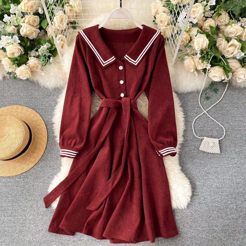 

2021 New female singing college dress-down collar loop above button the line dressed Autumn fashion streetwear dress S05E, Black