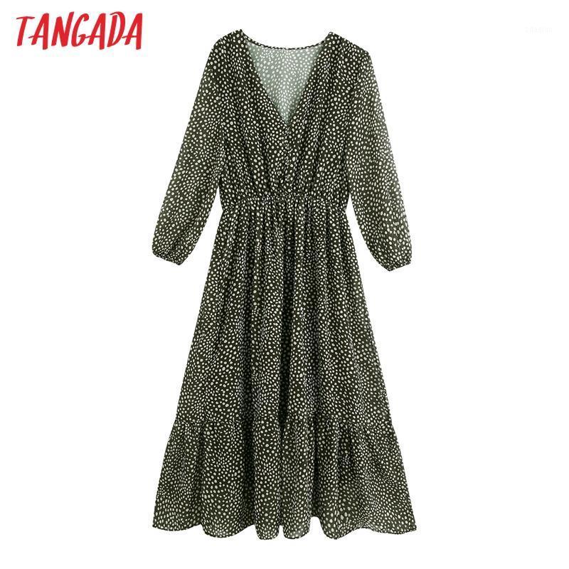 

Tangada 2020 Autumn fashion women dots print shirt dress v neck elegant office ladies midi dress BE8961, Green