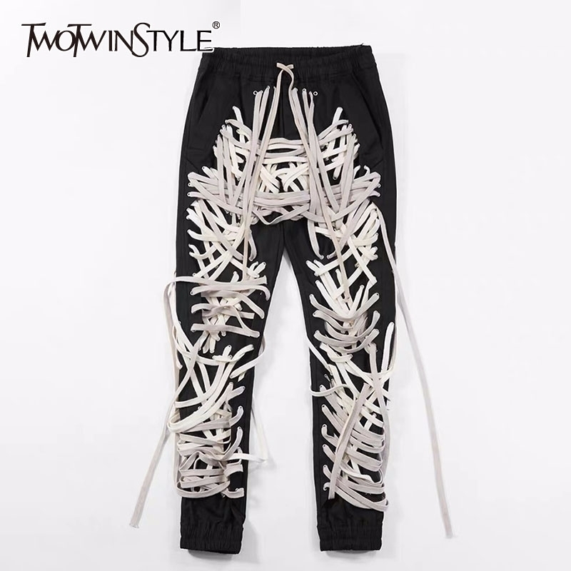 

TWOTWINSTYLE Patchwork Bandage Women' Trouser High Waist Casual Slim Pants For Female Summer Streetwear Fashion Tide 201119, Colorful