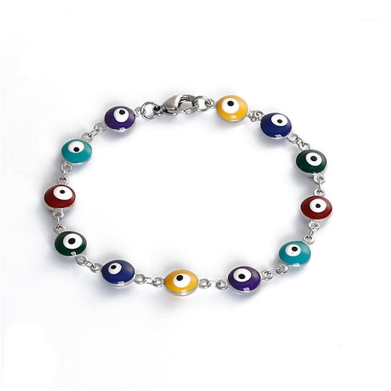 

Charm Bracelets Fashion Stainless Steel Round Evil Eye Multicolor Enamel Bead Jewelry For Women Girls Gifts 20.5cm Long, 1 PC1