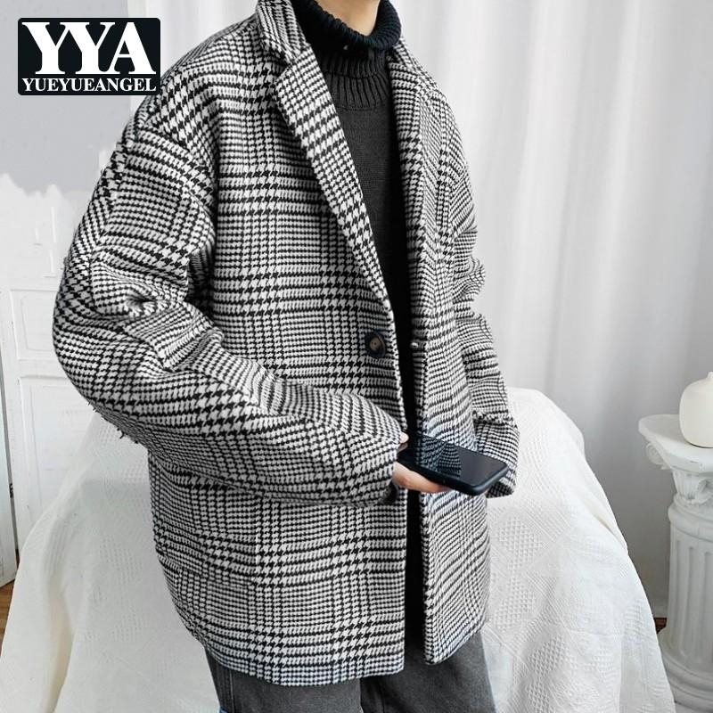 

Casual Mens Short Loose Woolen Coat Single Breasted Mixed Colors Pockets Turn-Down Collar Spliced Fashion Autumn Jackets, Black