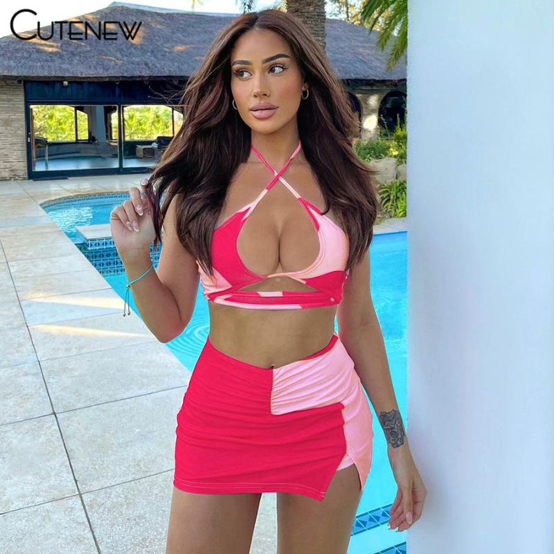 

Work Dresses Cute Tie Dye Two Piece Sets Women Outfits Sexy Hollow Out Criss Cross Halter Crop Tops+Body-Shaping Stretchy Skirts Lady Suit, White;black