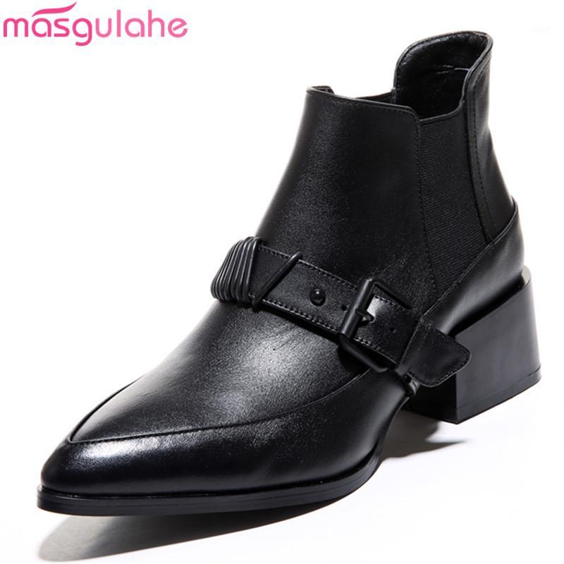 

Masgulahe 2020 new arrive genuine leather women brand boots med heels pointed toe ladies shoes solid black autumn ankle boots1, Black lizard