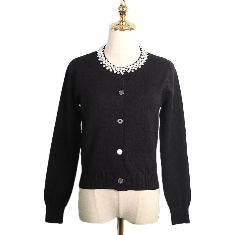 

Womens Long Sleeve Knitted Cardigan Sweater 2020 Fall Thin Jacket Single Breasted Button Solid Beading O-Neck Outwear Tops, Black