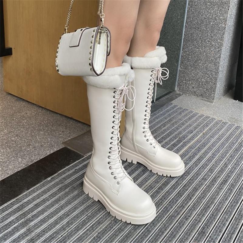 

PXELENA Thick Wool Fur Knight Riding Motorcycle Biker Combat Snow Boots Women PU Leather Chunky Heels Punk Gothic Shoes, Brown