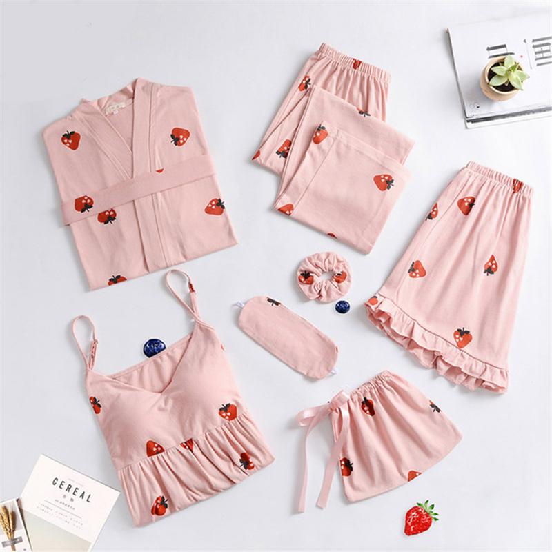 

Women's Sleeping gown suit pure cotton strawberry seven-piece suspender shorts sweet and comfortable Homewear suit SP0008, Pink