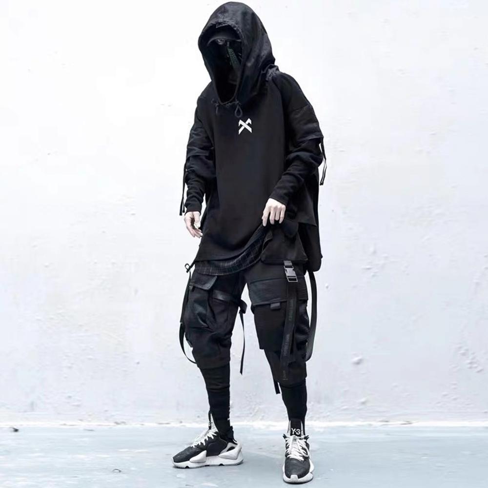 

11 BYBB' DARK Japanese Streetwear Man Hoodies Hip Hop Embroideried Pullover Patchwork Fake Two Darkwear Tops Techwear Hoodies 201116, Black
