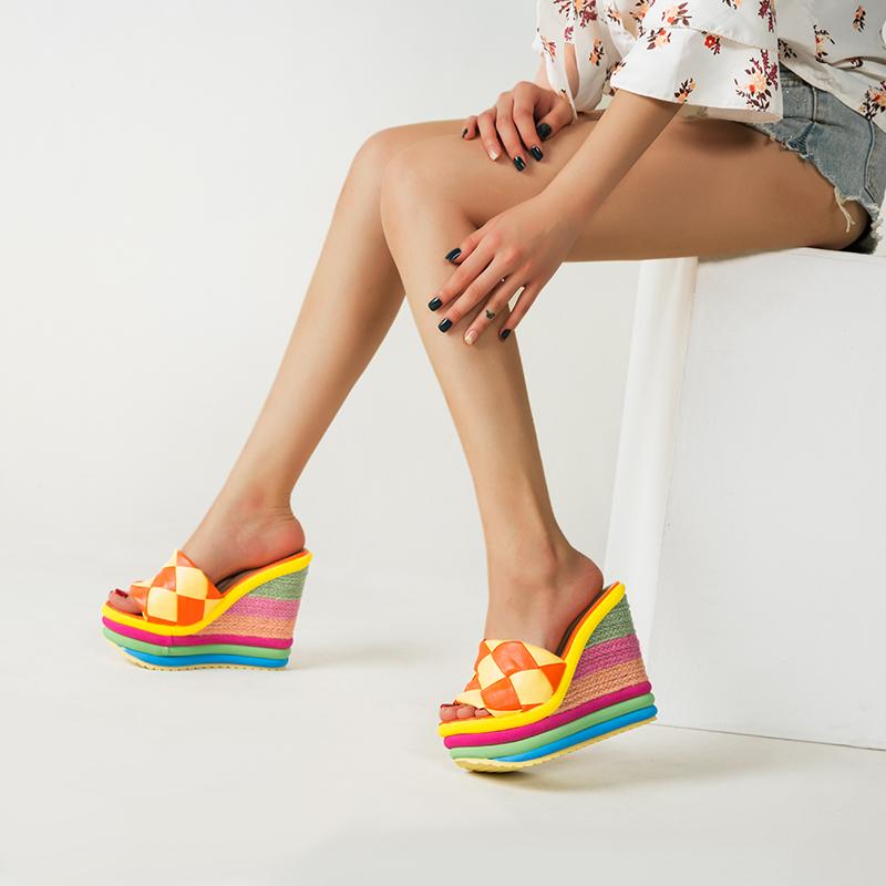 

Straw wedge heel women sandals with fish mouth muller in 2021, the new ultra-high sandals shoes big yards for women's shoes, Blue