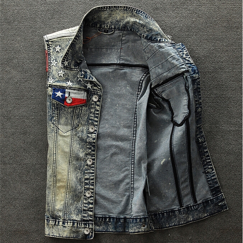 

Hot Fashion Men Denim Vest Plus Size S- USA Flag Stylish Vintage Patchwork Male Personality Slim Blue Punk Cowboy Jacket Coat 201114
