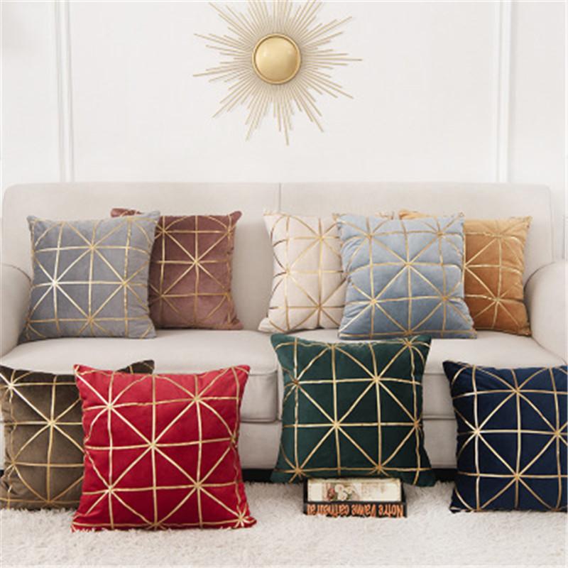 

Golden Bronzing Thick Velvet Pillow Cushion Cover Geometric Plaid Dutch Fleece Kussenhoes Home Sofa Decorative funda cojin, Green