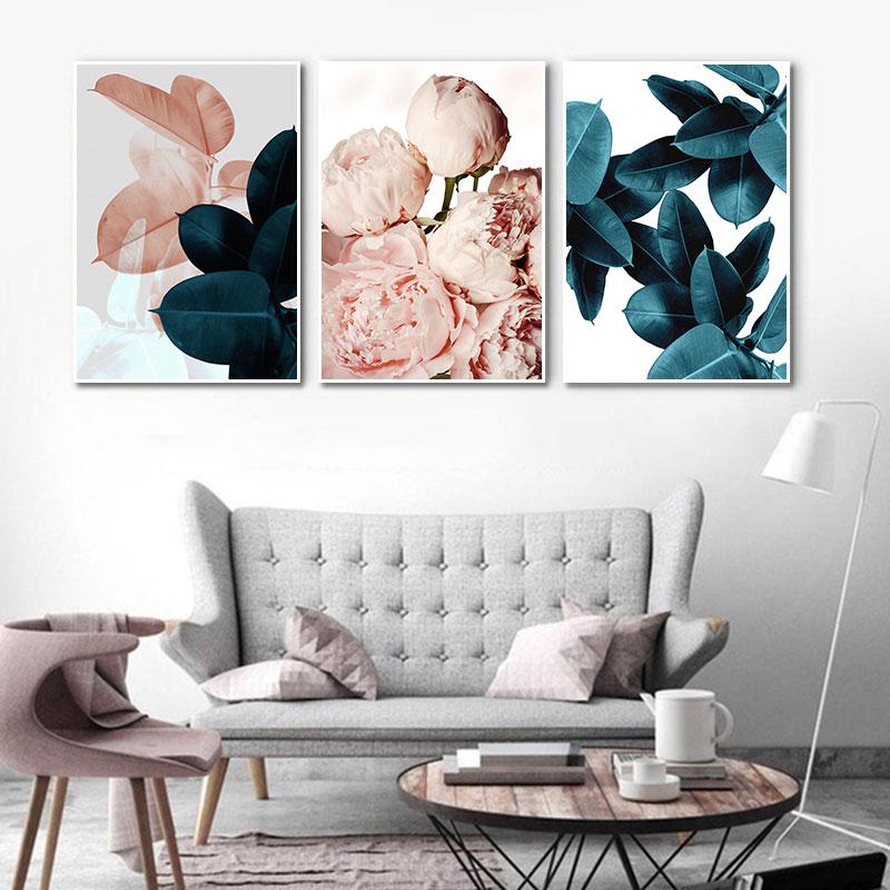 

Modern Pink Flowers green plants Wall Poster print on canvas painting abstract painting wall art pictures for Living Room home