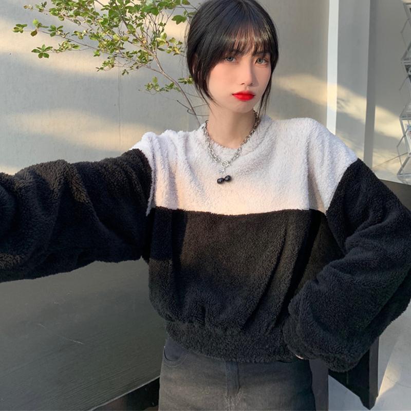 

Lucyever Thick Furry Warm Women's Sweatshirt 2020 Winter Patchwork Contrast Pullovers Woman Raglan Sleeve Short O-neck Tops Lady, Black