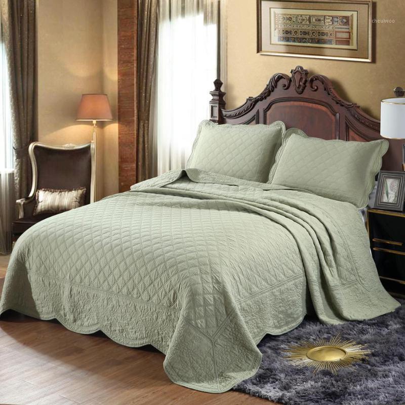 

Free shipping solid color pea green khaki white cotton knurling patchwork quilt  queen king size 3pcs bed cover/bedspread H1
