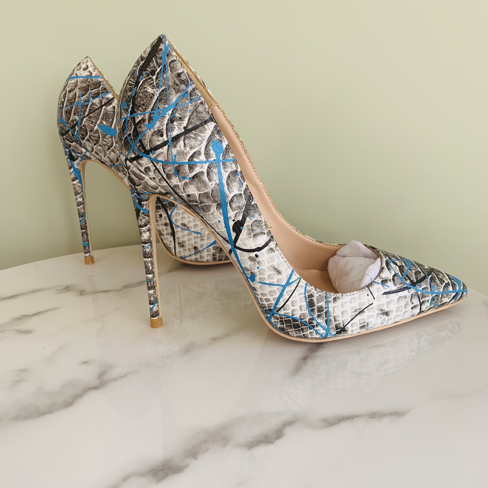 

Sexy Fret Free Lady Fashions Blue Bombs Printed Python Snake Point Toe High Heels Designer Shoes Six Three Inches Oy2x, Red