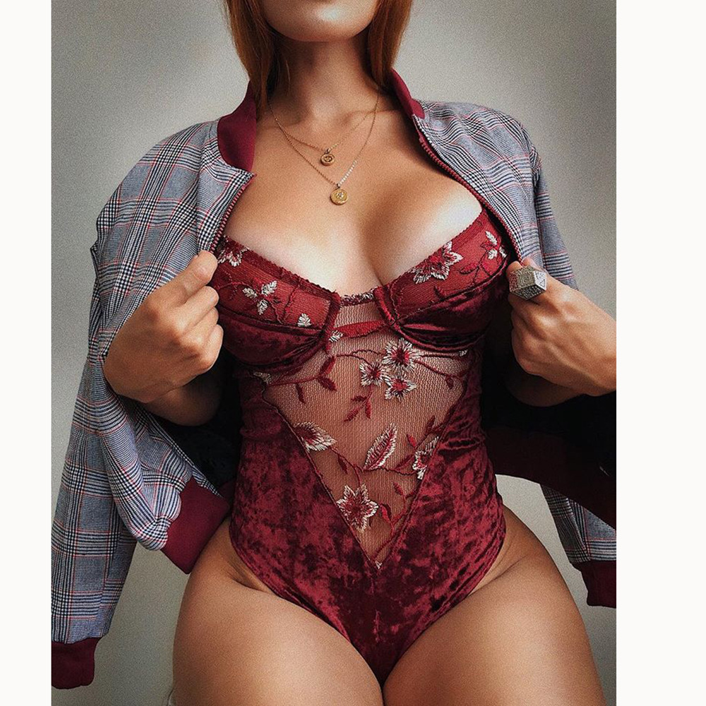 

2020 Women of New Vintage Delicate Red Flower Embroidery Bodysuit Flannel Semi-transparent Male Patchwork Sexy Night Dismantle Rent Wh9r, Beige