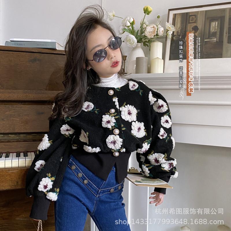 

Girls Puff Sleeve Cotton Jacket 2020 Winter New Retro Three-dimensional Flower Round Neck Short Cotton Jacket Trend, Black