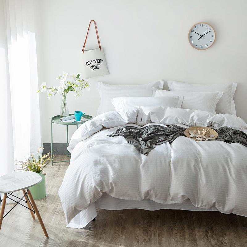

100% Cotton White Stripe Hotel Bed/Fit sheet set Pillowcase Duvet/Quilt Cover Set Bedding Queen size Bed Bedlinens