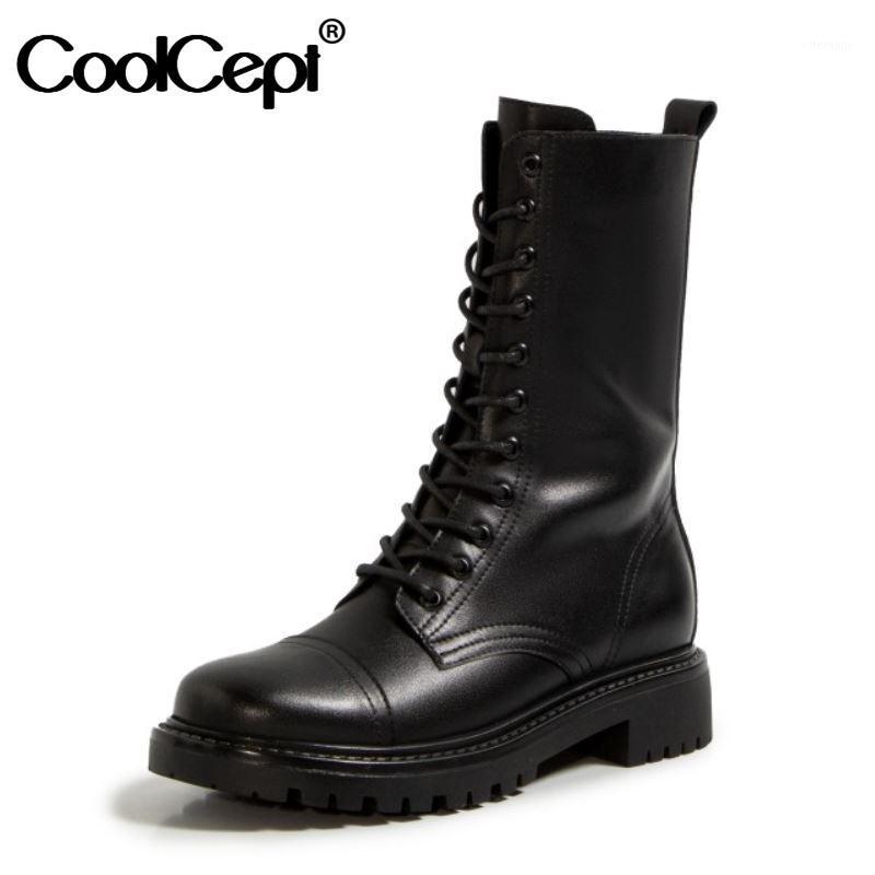 

CoolCept Real Leather Women Mid Calf Boots Cross Strap Zipper Shoes Round Toe Winter Warm Boots Women Party Footwear Size 35-391, Black