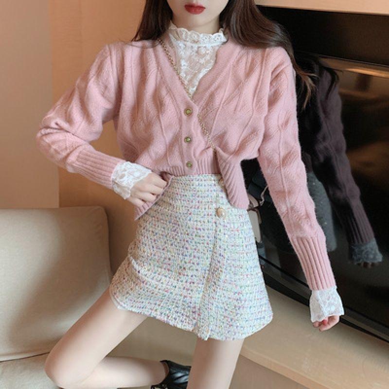 

2021 Autumn Winter 3 Piece Set Women Lady High Quality New Fashion Lace Elegant Slim Crop Top Pullover and Coat Skirt Suit Z72, 3 pcs set