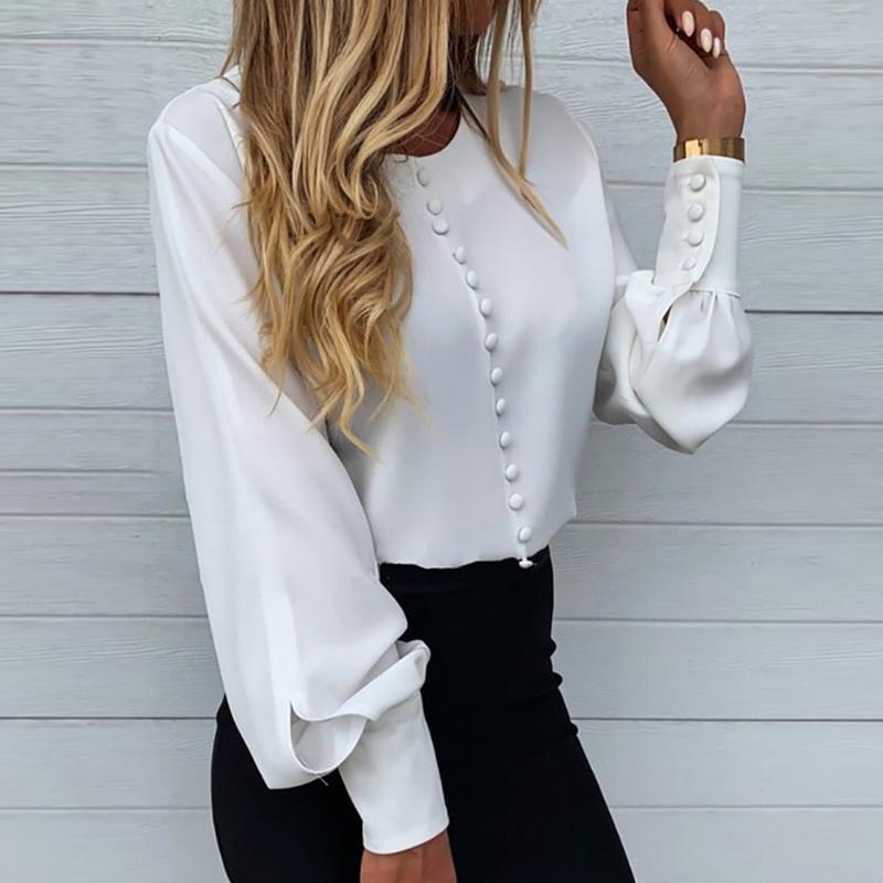 

Women Fashion Casual Solid Long Sleeve Blouse Tops Regular O Neck Shirt Elegant Office Ladies White Blouse Shirt Work Wear D30