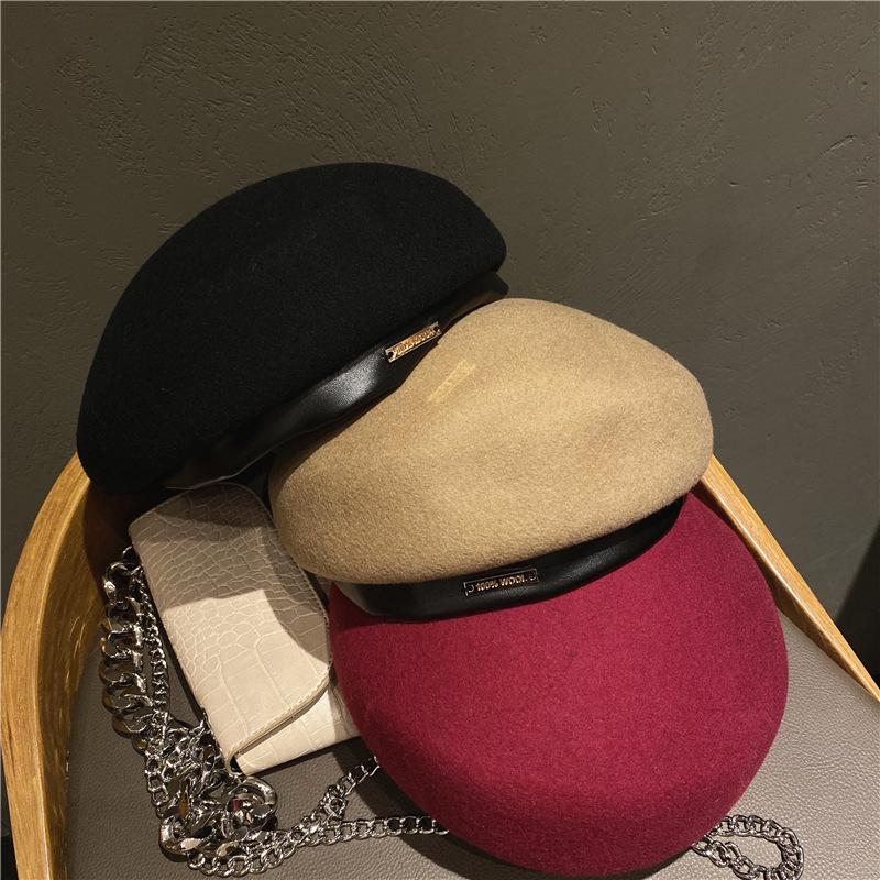 

French Custom Beret Women's New Autumn Versatile Artist Hat Black British Retro Leather Brimmed Wool Hat Tide