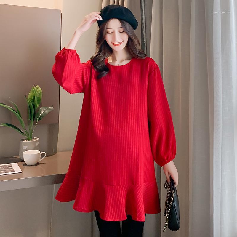

Black Red New Pregnant Women Dress Plus Size Ruffles Patchwork O-Neck Maternity Dress Office Lady Loose Mermaid Dresses Trumpet1
