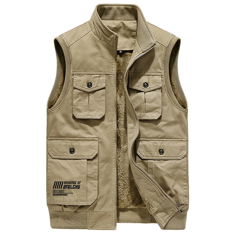 

Winter Men's Sleeveless Jacket Fleece Men's Vest Warm Unloading Military Many Pocket Tactical Coat Male Autumn Fur Waistcoat Men 201114, Light khaki