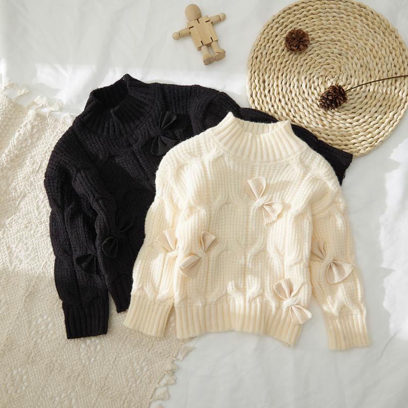 

Winter Children Kids Thick Fleece Warm Long Sleeve O Neck Knitwear Bow Princess Girls Sweaters, Beige