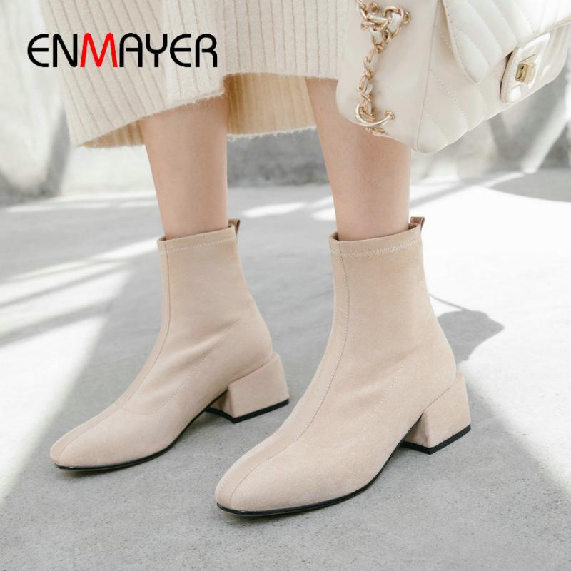 

ENMAYER 2020 Ankle Boots for Women Synthetic Kid Suede Square Med Heels Round Toe Basic Luxury Shoes Women Designers Size 34-43, Beige
