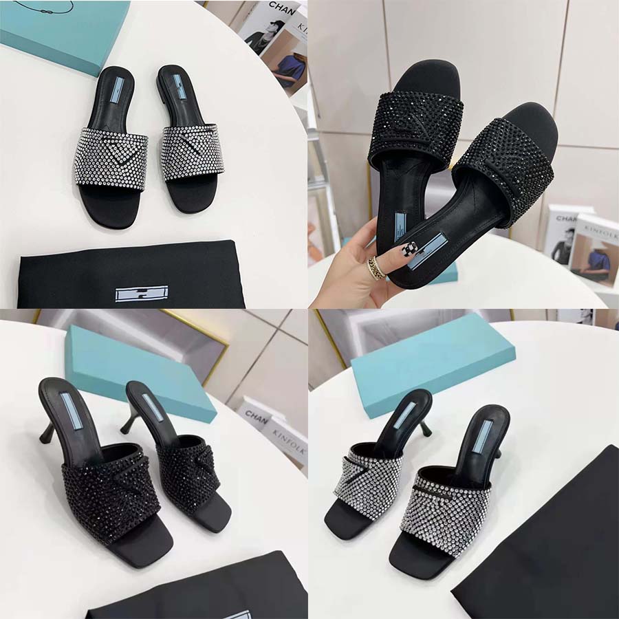 

Designer Women Slippers Crystal Diamond Slipper Iconic Triangular Logo Square Head Sexy Pearl Rhinestone Beach Sandals with box, Color1