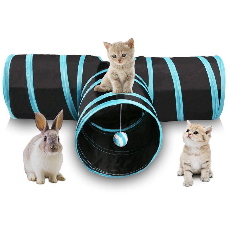 

Cat Tunnel 3 Way Collapsible Pet Cat Play Tunnel with Ringing Ball, Spacious Tube Fun for Puppy Kitten Blue + black