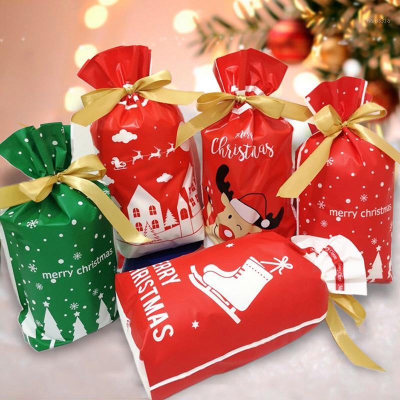 

10Pcs Merry Christmas Candy Bag Santa Claus Elk Snowflake Drawstring Gift Bags1