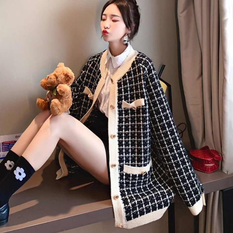 

New Slight fragrance female cardigan sweater fall/new winter slacker mend around the neck middle temperament of knitted length jacket 1DDZ, White