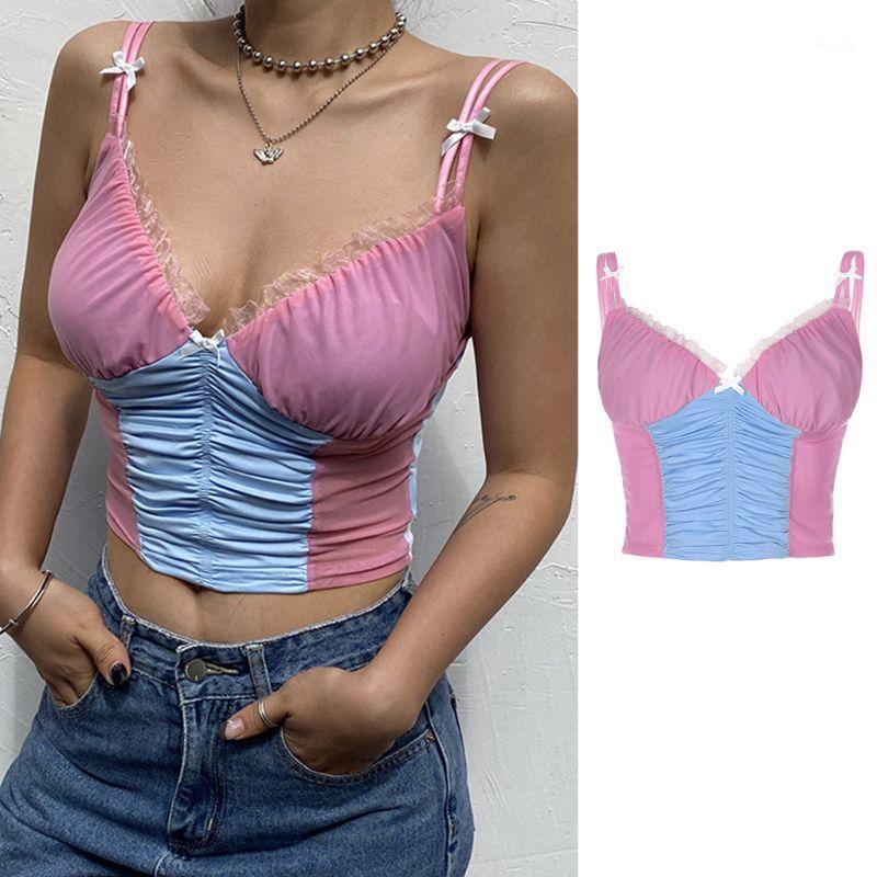

Women Sleeveless Cropped Top Sexy V-Neck Backless Camisole Summer Ruffles Lace Mesh Color Block Patchwork Sling Vest Streetwear1, As pic