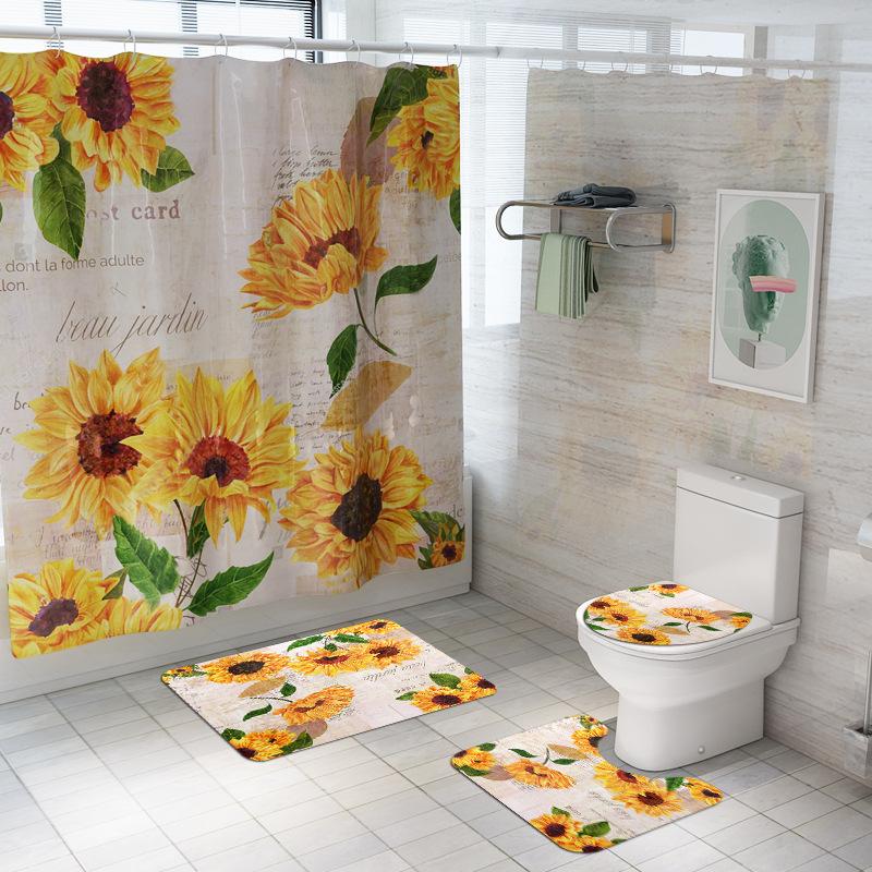 

4Pcs/Set New Daisy Rose Print Shower Curtain Carpet Set Bathroom Toilet Seat Non-Slip Waterproof Pad Partition Curtain Decor