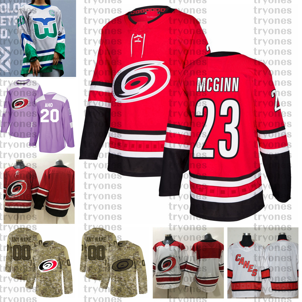 

2021 Reverse Retro Customize #23 Brock McGinn Carolina Hurricanes Jerseys Golden Edition Camo Veterans Day Fights Cancer Hockey Jersey, Gold