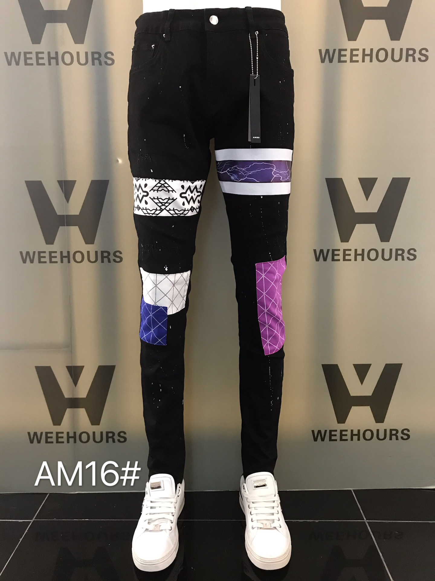 

Hot sale new style men's and women's jeans slim locomotive denim fashion trendy hip-hop men's jeans AM16, Photo color