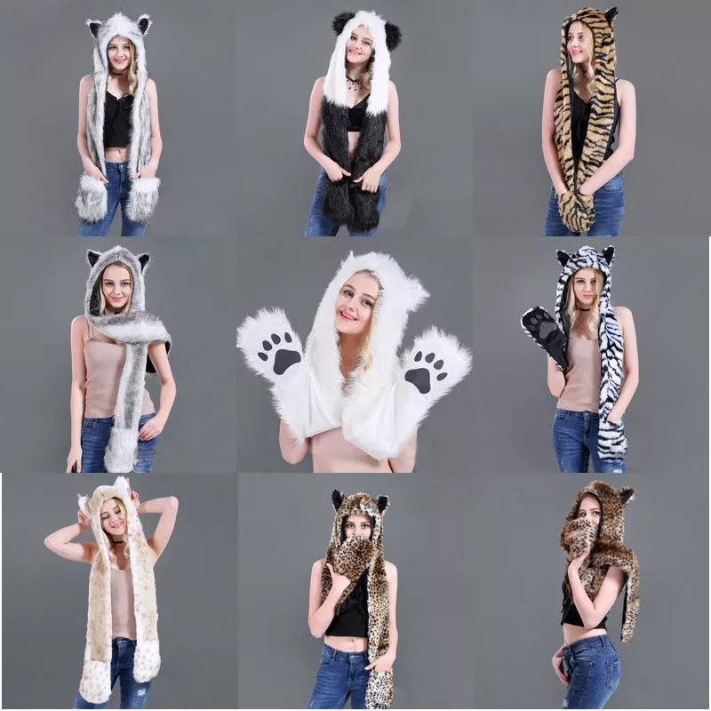 

10 Styles Faux Fur Hood Animal Hat Ear Flaps Hand Pockets 3 in1 Animal Hat Wolf Plush Warm Earmuff Cap with Scarf Gloves, As photo show
