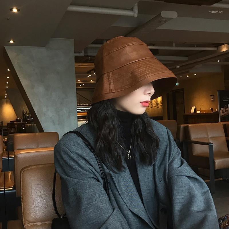 

FUN-PROUDER European Style Women's Autumn and Winter Hat PU Leather Retro Fisherman Hat Japanese Fashion All-match Basin1, Black