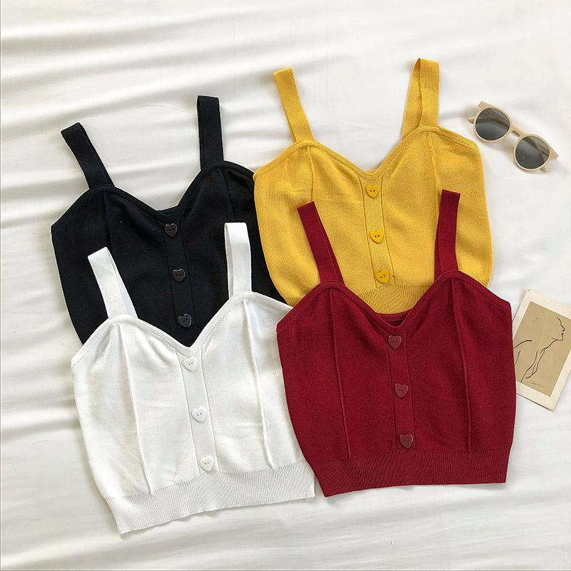 

HELIAR Crop Tops Women 2021 Summer Straps Crop Tops With Buttons Women Stretchy Solid V-Neck Tank For, Black