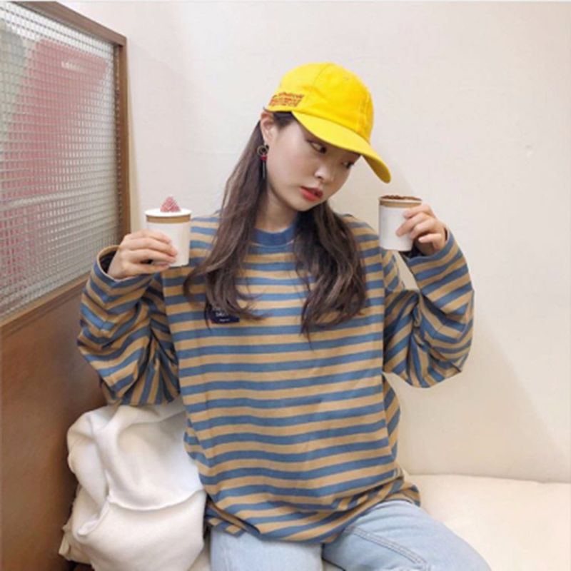 

Women Fashion Autumn Clothing Wild Striped Long-sleeved T-shirt Loose Hedging Harajuku Style Student Bottoming Shirt Clothes Top 201125, Khaki