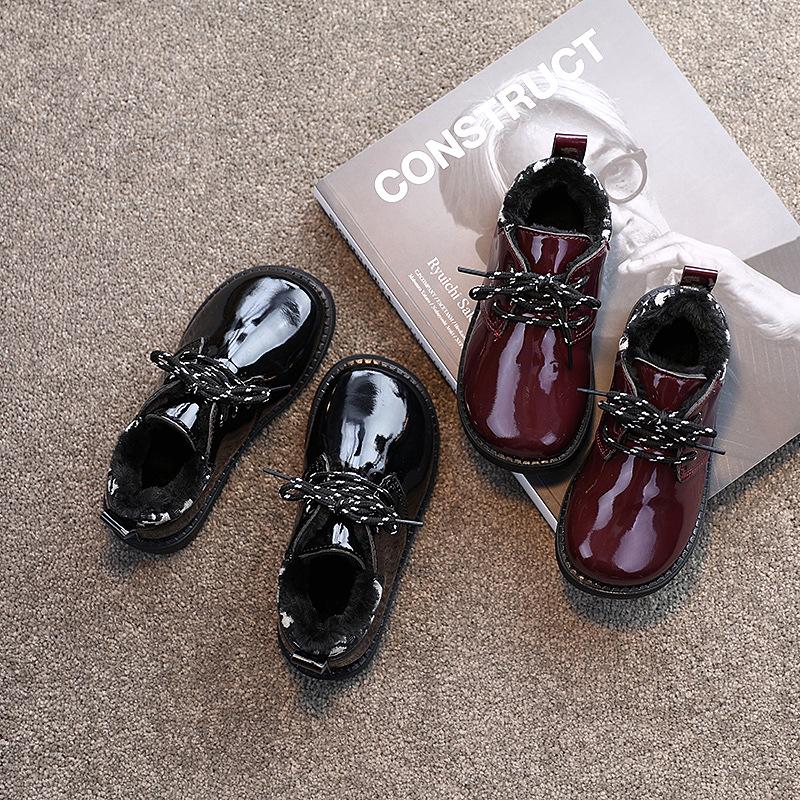 

Children British style leather shoes spring winter plus velvet warm girls casual leather shoes boys lace up performance, Wine red