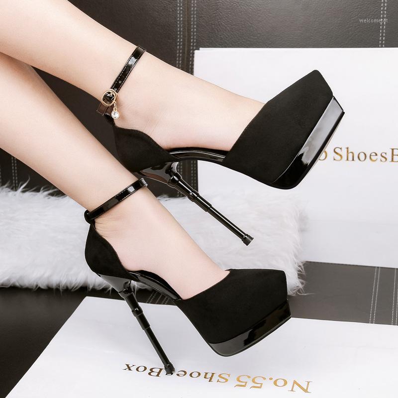 

NEW 14.5CM PUMPS Korean high-heeled waterproof platform nightclub sexy sandals suede hollow word with rhinestone sandals1, Black