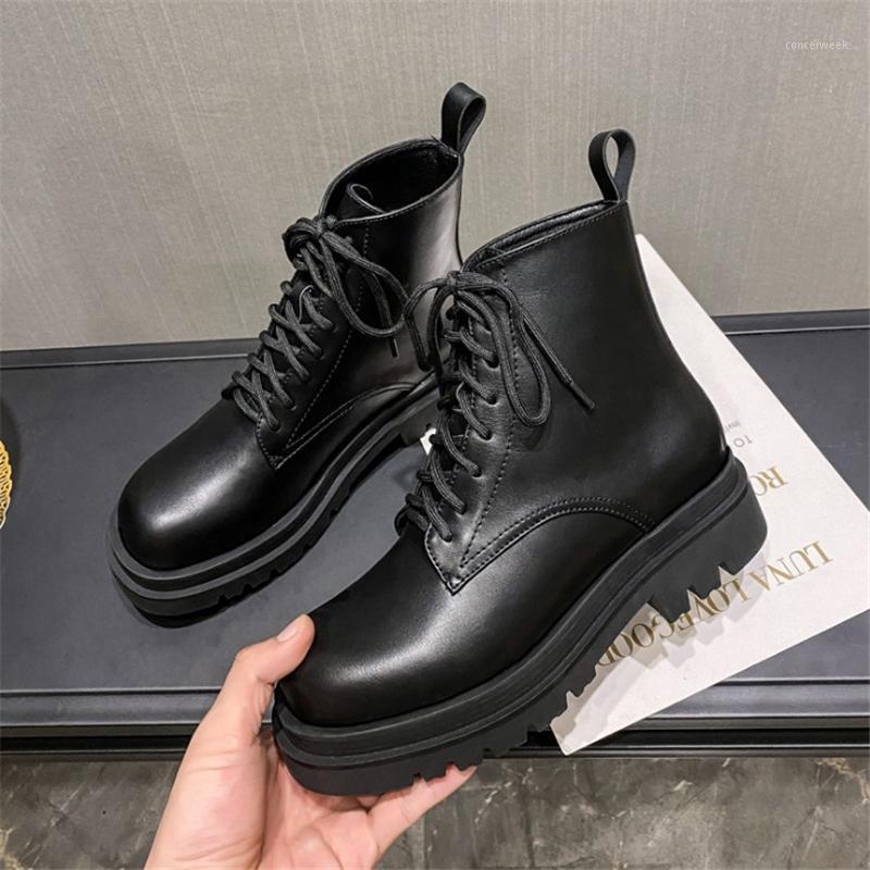 

JIANBUDAN Flat platform black Ankle boots Women's Autumn PU leather Motorcycle boots Lace Up Height Increasing Women shoes 35-401
