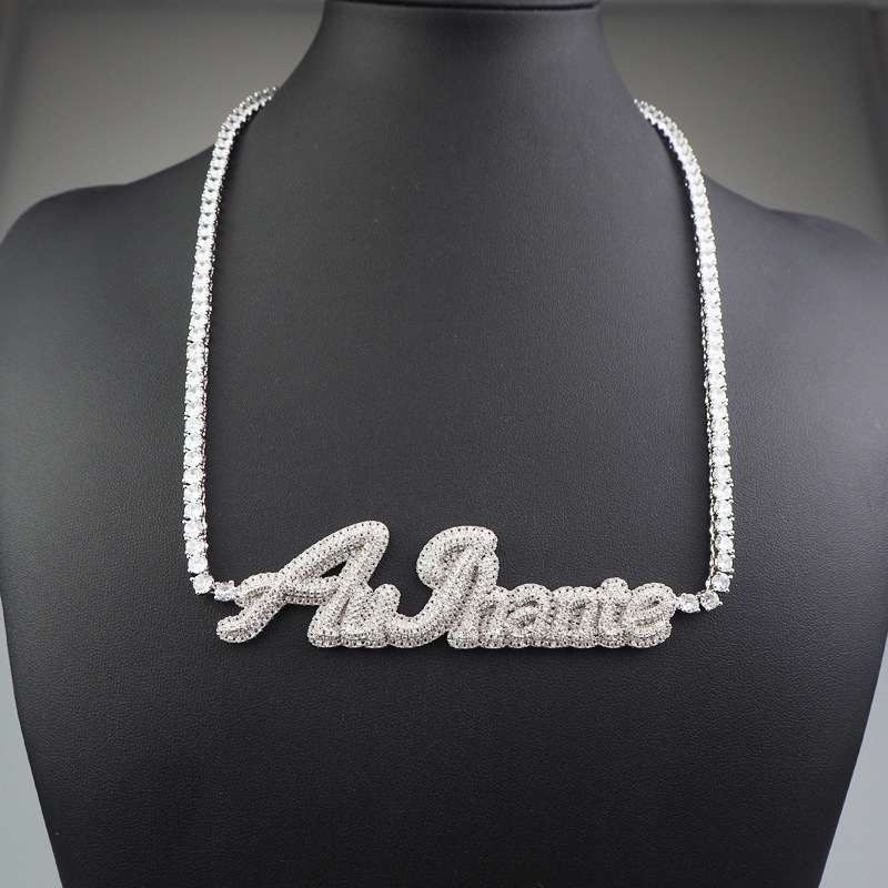 

Custom Name Cursive Letter Tennis Chain Necklace for Women Micro Pave Pendant Solid Back Hip Hop Rock Street Jewelry