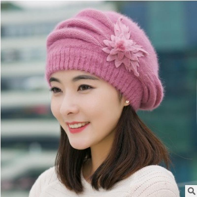 

Hat Female Winter Korean Flower Fur Hat Thick Beret Warm Knitted Wool Autumn and Winter Mother, White