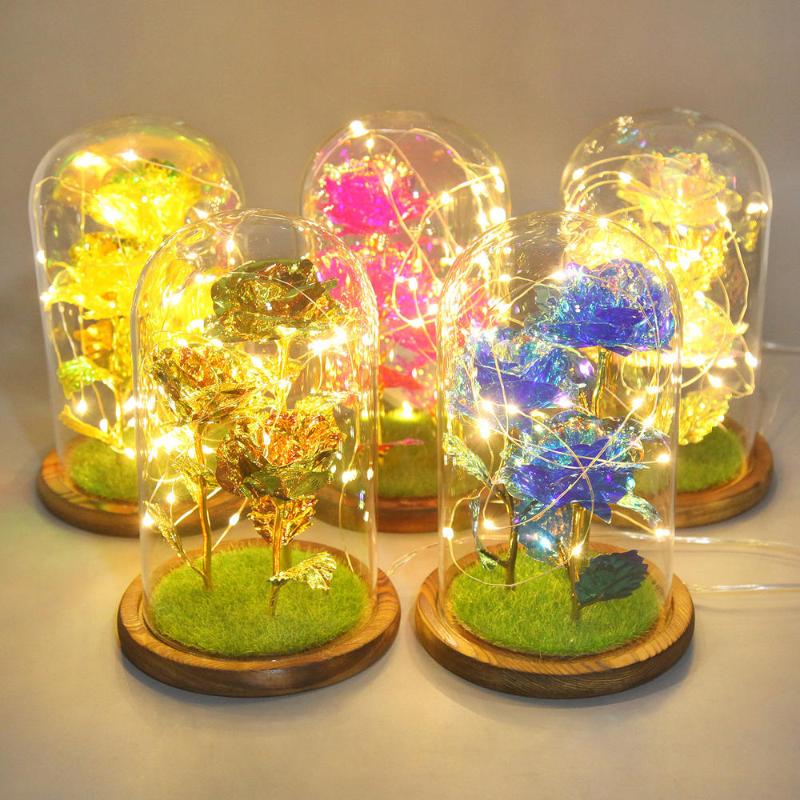 

Christmas Valentine's Day Gift Xmas Artificial Eternal Rose LED Light 24K Gold Foil Flower Glass Dome Wooden Base Decoration