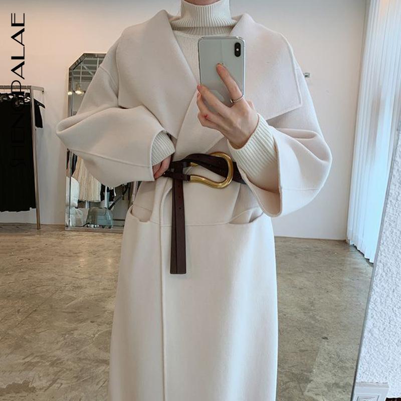 

SHENGPALAE Korean Chic Autumn Winter Women's Overcoat Big Lapel Large Size Double Pockets Long Warm Woolen Coat With Belt 5A457, As shown